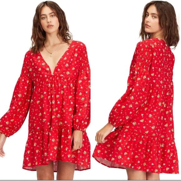 NWOT Billabong x Wrangler Red Floral Tiered Babydoll Boho Dress Small - Picture 1 of 7